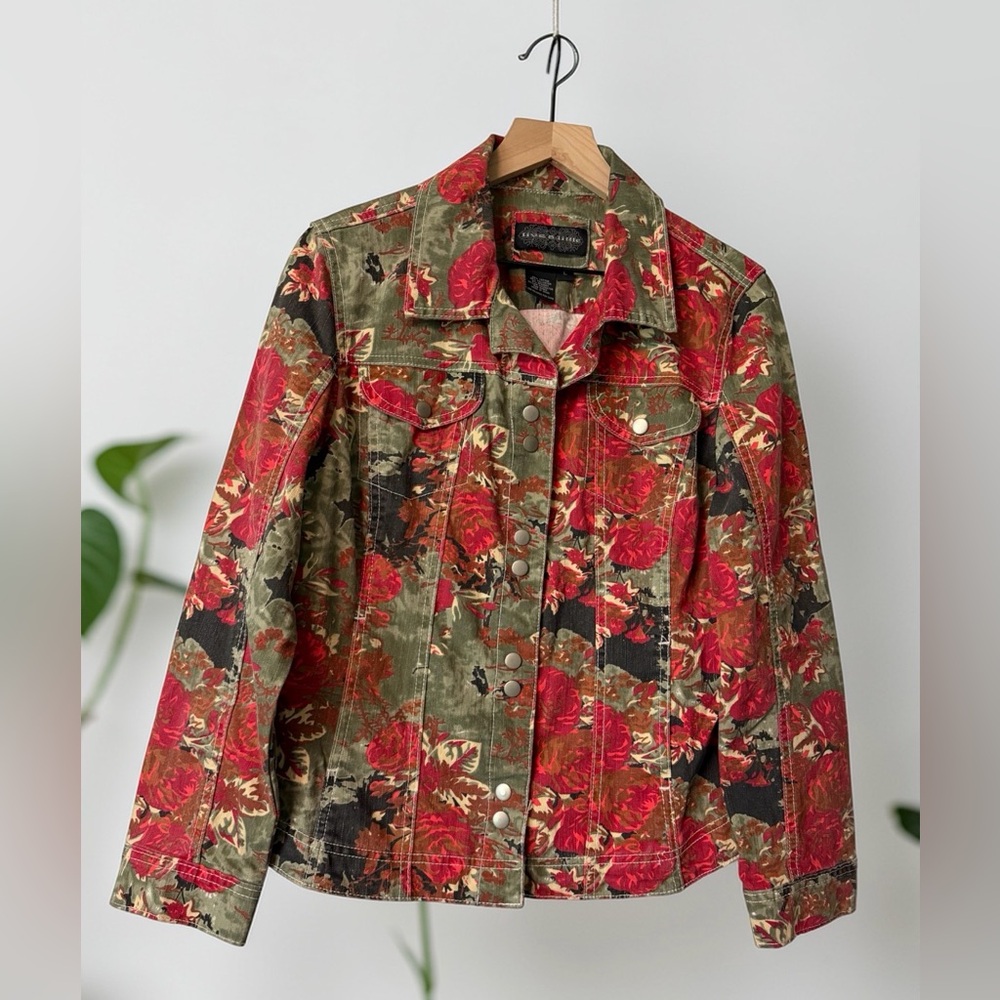 Live a Little Floral Print Jean Jacket in Red and Olive - Picture 2 of 9